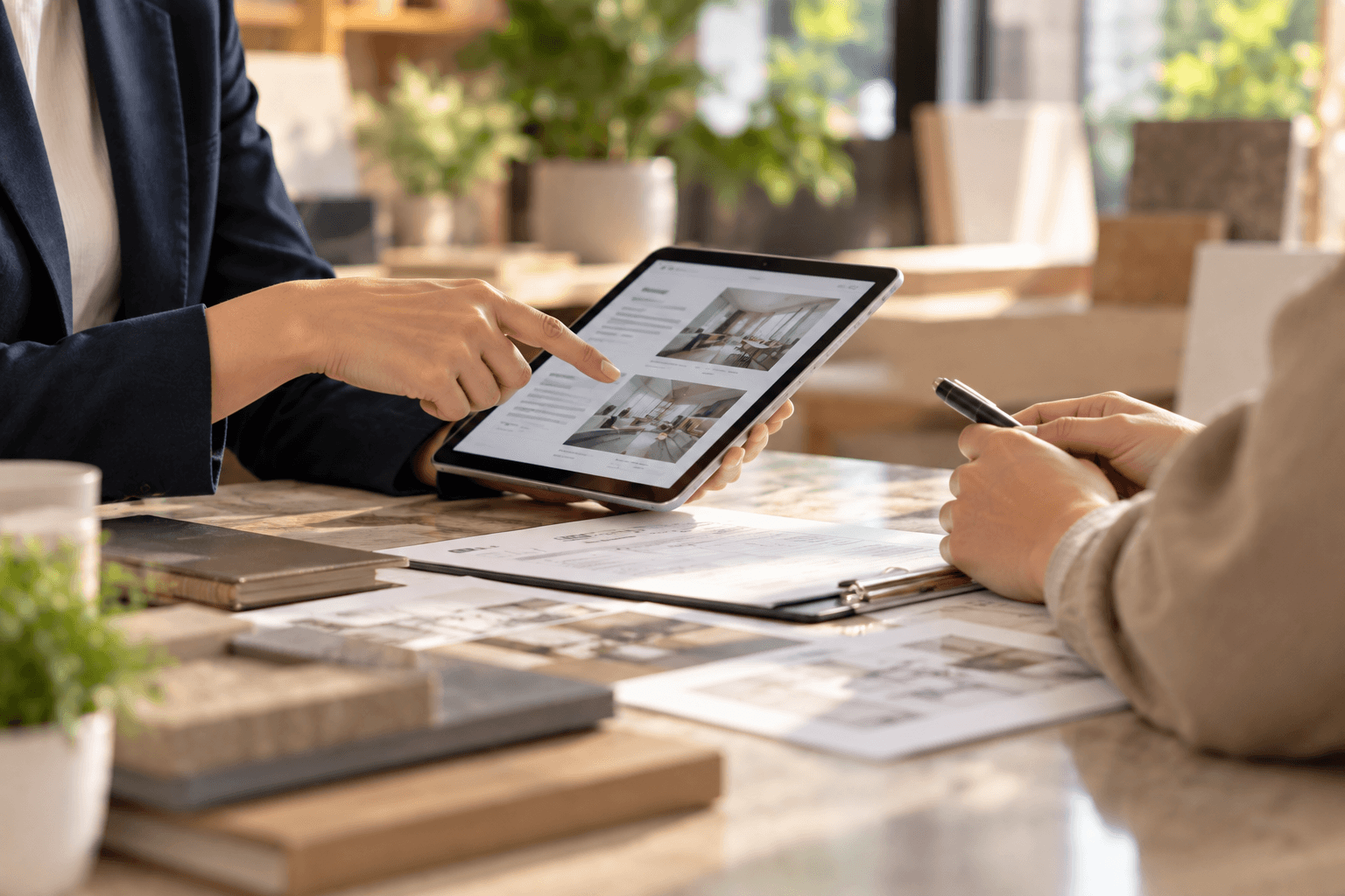 A consultant showing design photos on a tablet to a client taking notes